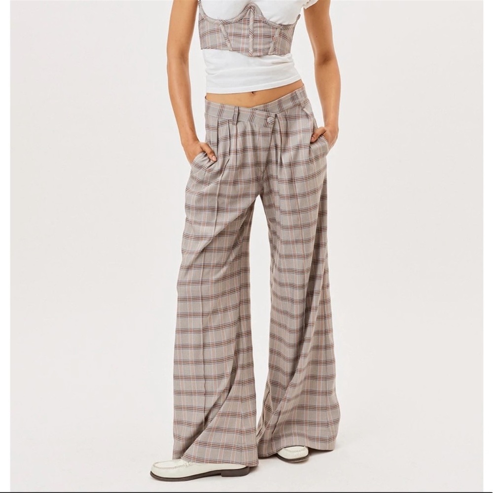 plaid print wide leg pants with criss cross waist